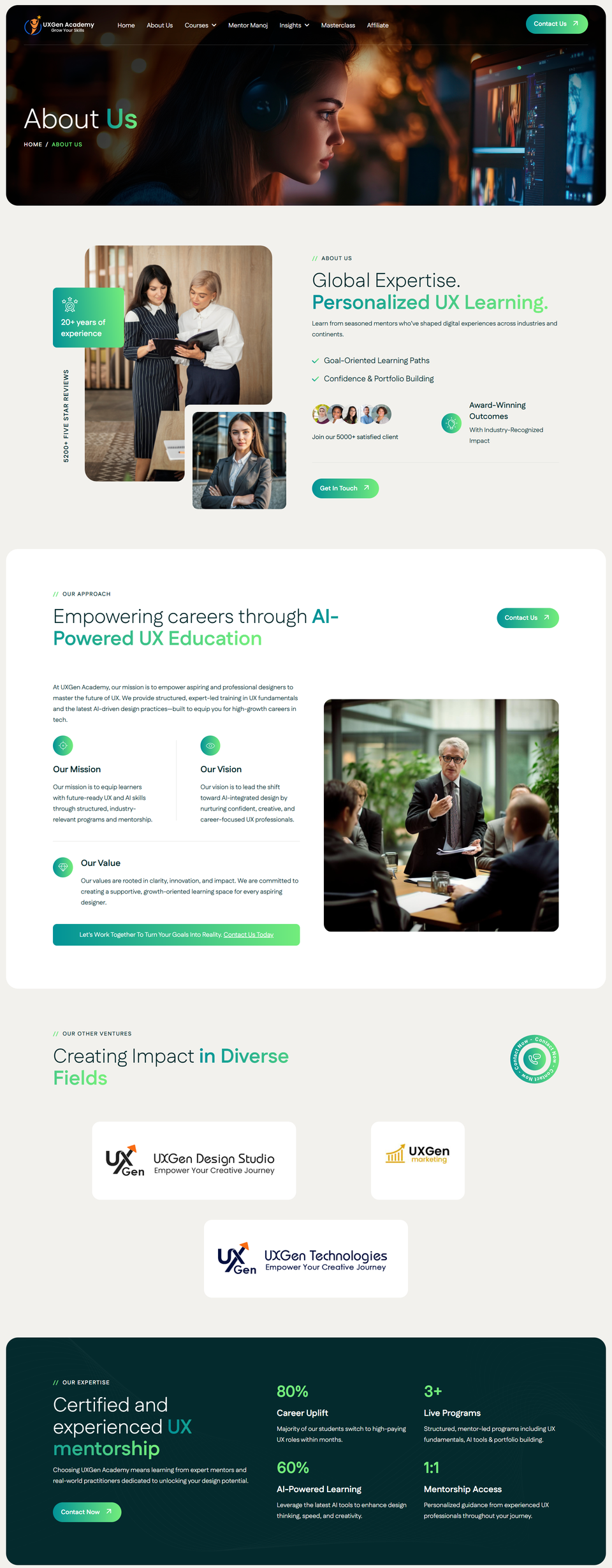 About Us page showcasing UXGen Academy's mission and team