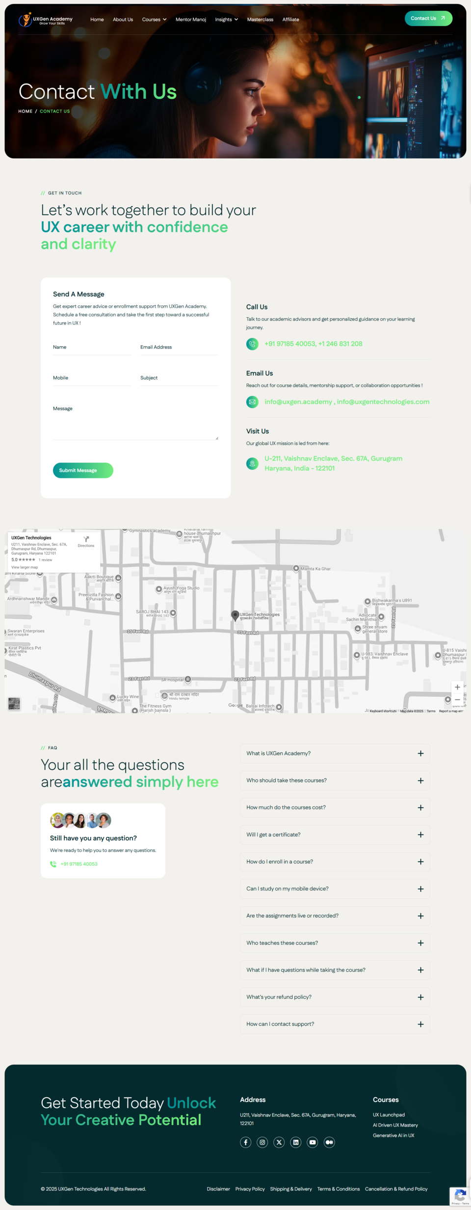 Contact page with responsive form and support details