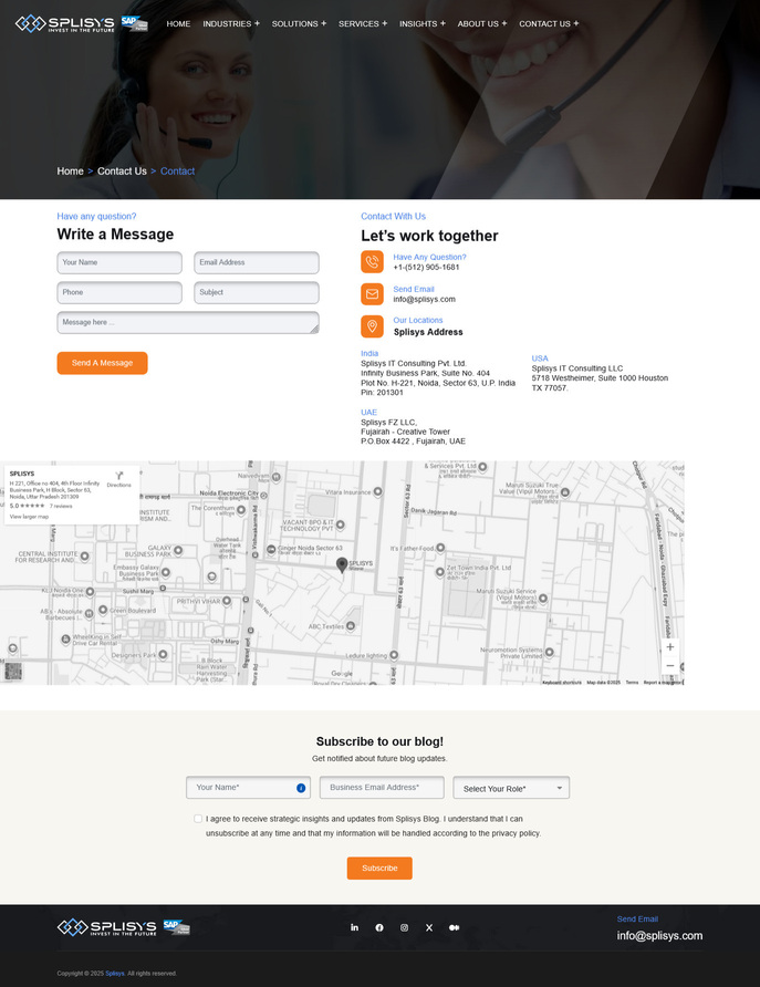 Contact page featuring responsive form and client support